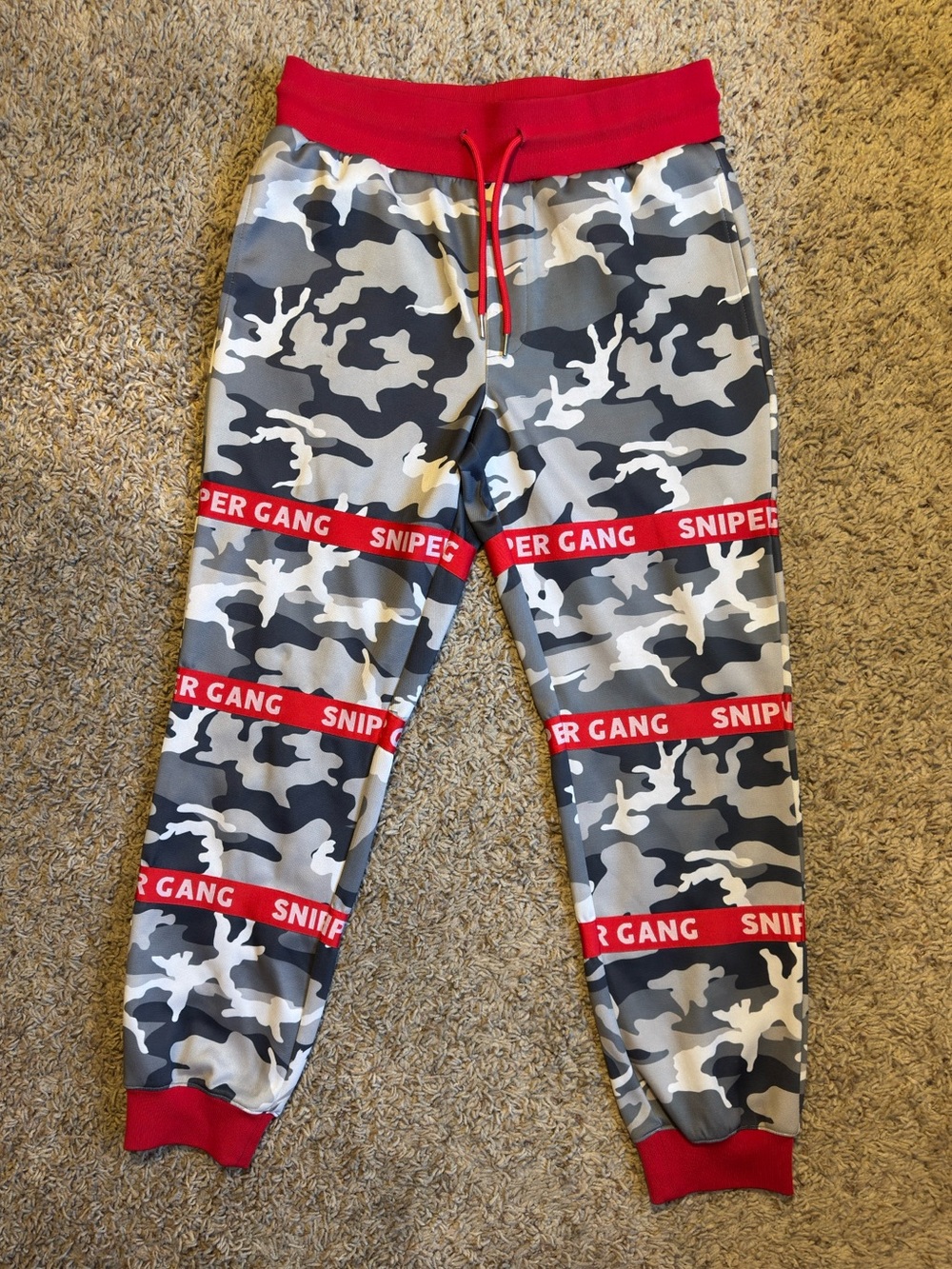 Sniper Gang Men's Grey Camo Jogger Pants with Red Trim